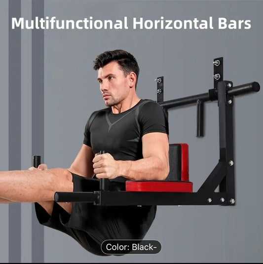 1 Multi-Functional Wall-Mounted Pull-Up Bar Set - Black Iron Horizontal & Parallel Bars for Indoor Fitness Training, Adjustable Height, Sturdy Construction